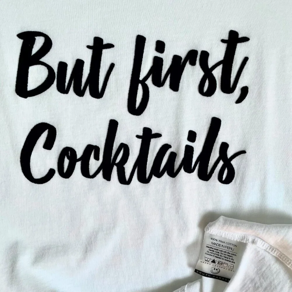 SOUTH PARADE Lola Top But First Cocktails Short Sleeve Cotton Tee White Black XS - Picture 3 of 9